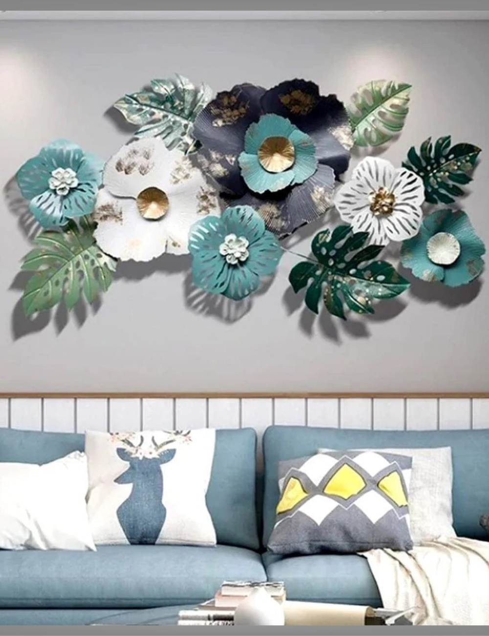 Teal and White Flower with Green Leaves LED Metal Panel Wall Decor