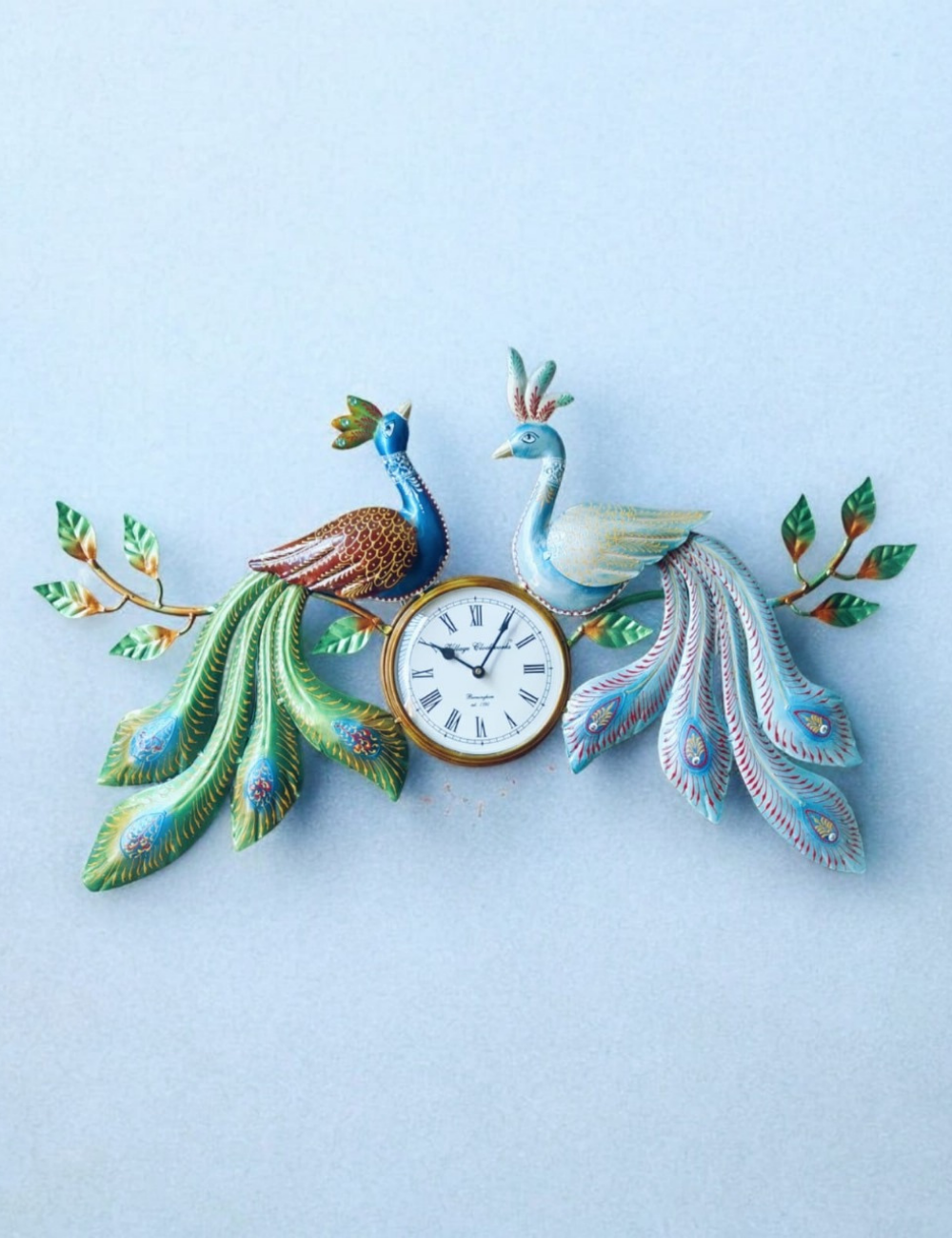 Peacock Couple 2 with Clock Metal Wall Decor 18 * 30 inches