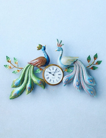 Peacock Couple 2 with Clock Metal Wall Decor 18 * 30 inches