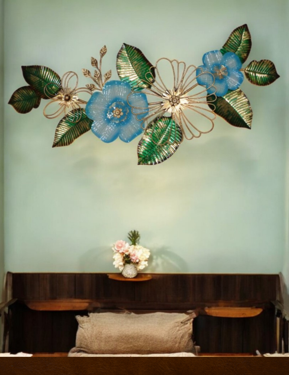 Blue Floral with Green Leaves LED Metal Panel Wall Decor 50*26 inches