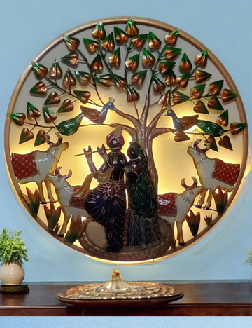 36" Radha Krishna Round Panel Metal Wall Decor
