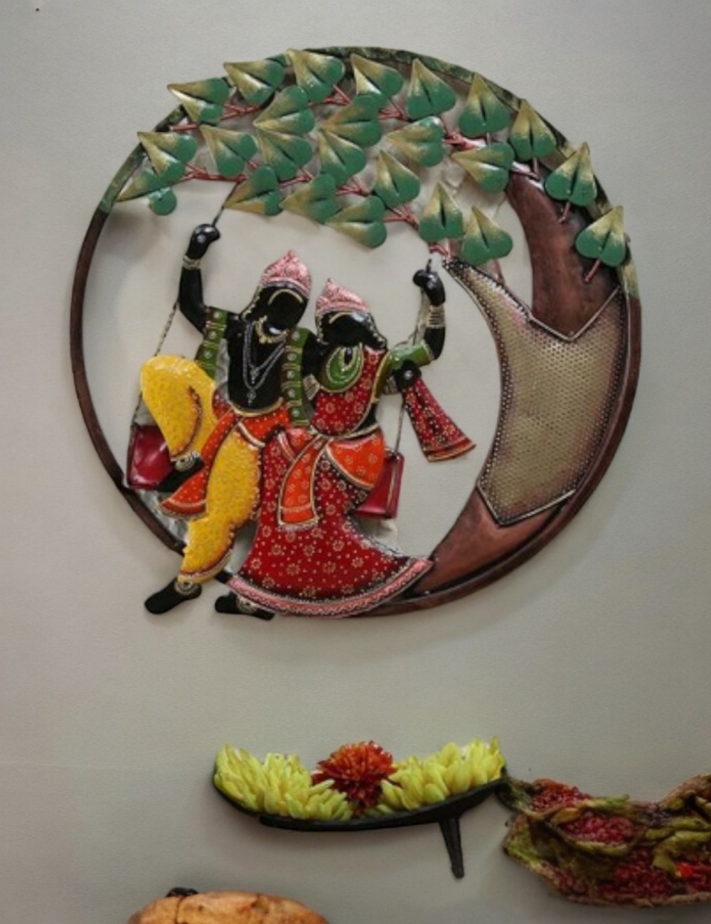 Jhula Radha Krishna Round Panel LED Metal Wall Decor 21"