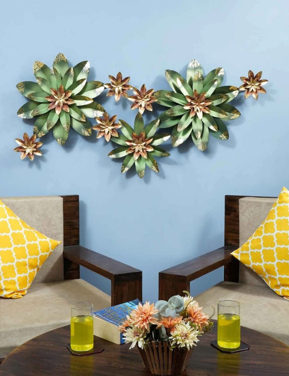 Green and Golden Floral LED Metal Panel Wall Decor 48*24 inches