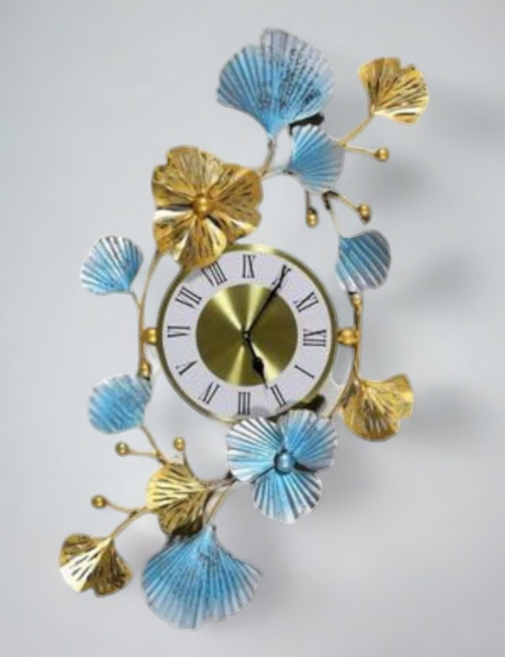 Blue and Golden Flower Vertical Panel with Clock Wall Decor 32*20 inches