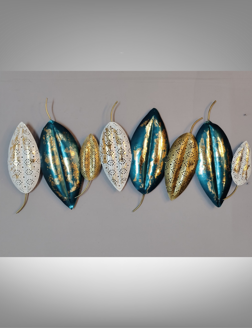 Blue, White and Gold Leaves Metal Panel Wall Decor