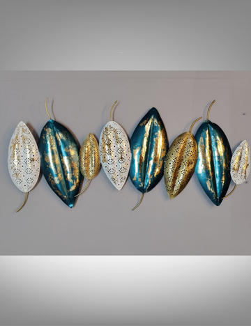 Blue, White and Gold Leaves Metal Panel Wall Decor