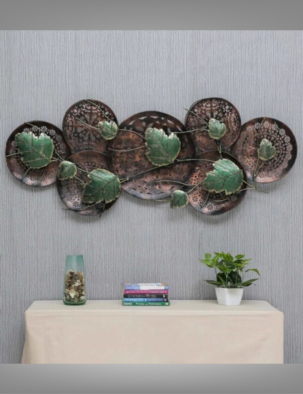 Green Leaves in Multisize Round bronze colour Panel LED Metal Wall Decor 22*48 Inches