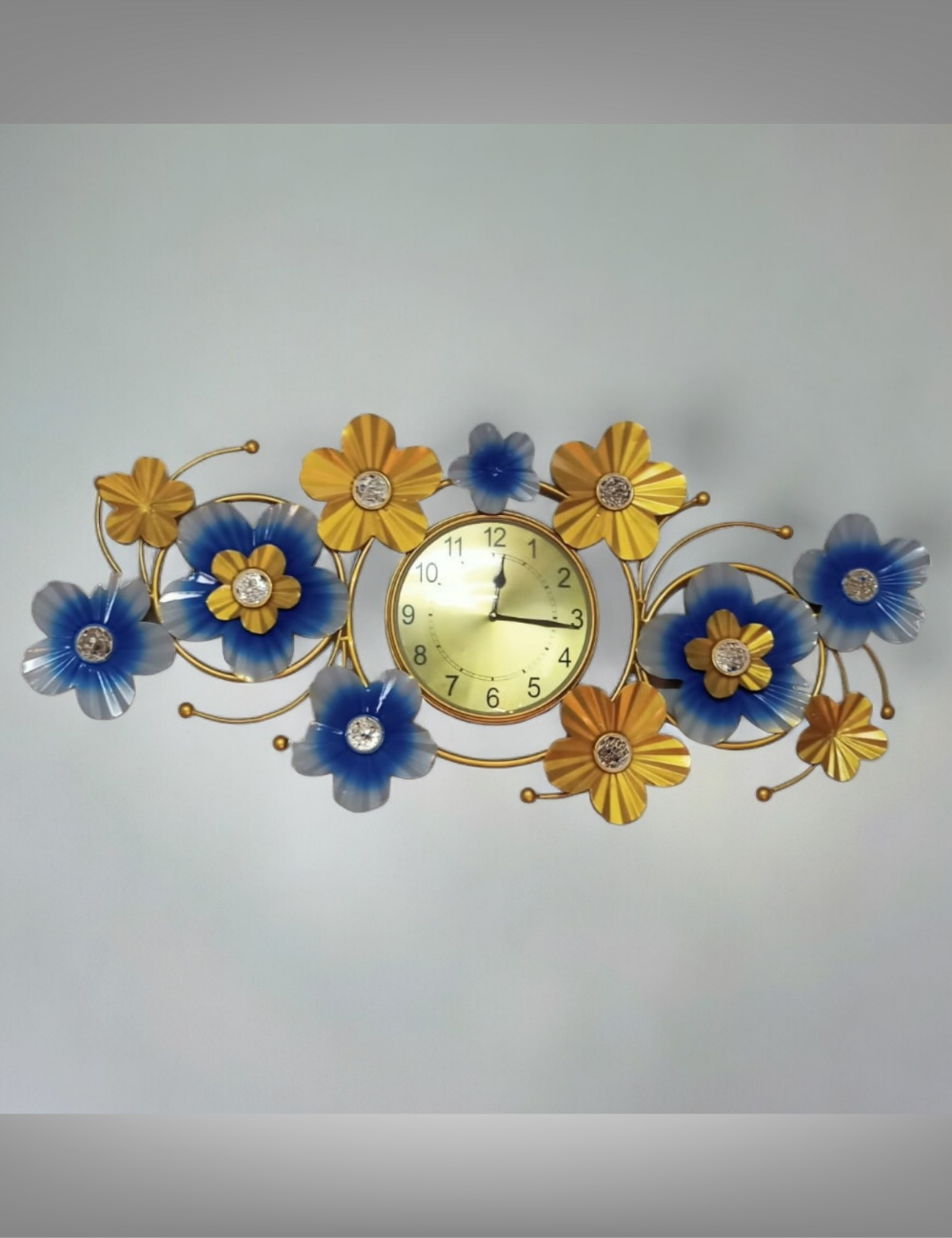 Blue and Gold Floral with Clock Metal Wall Decor 42*19 inches