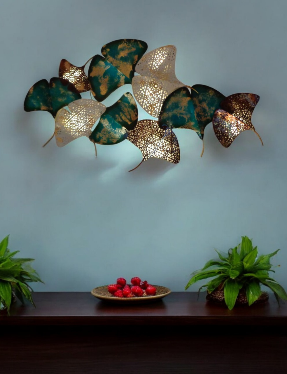 Blue White Copper Flowers LED Metal Panel Wall Decor