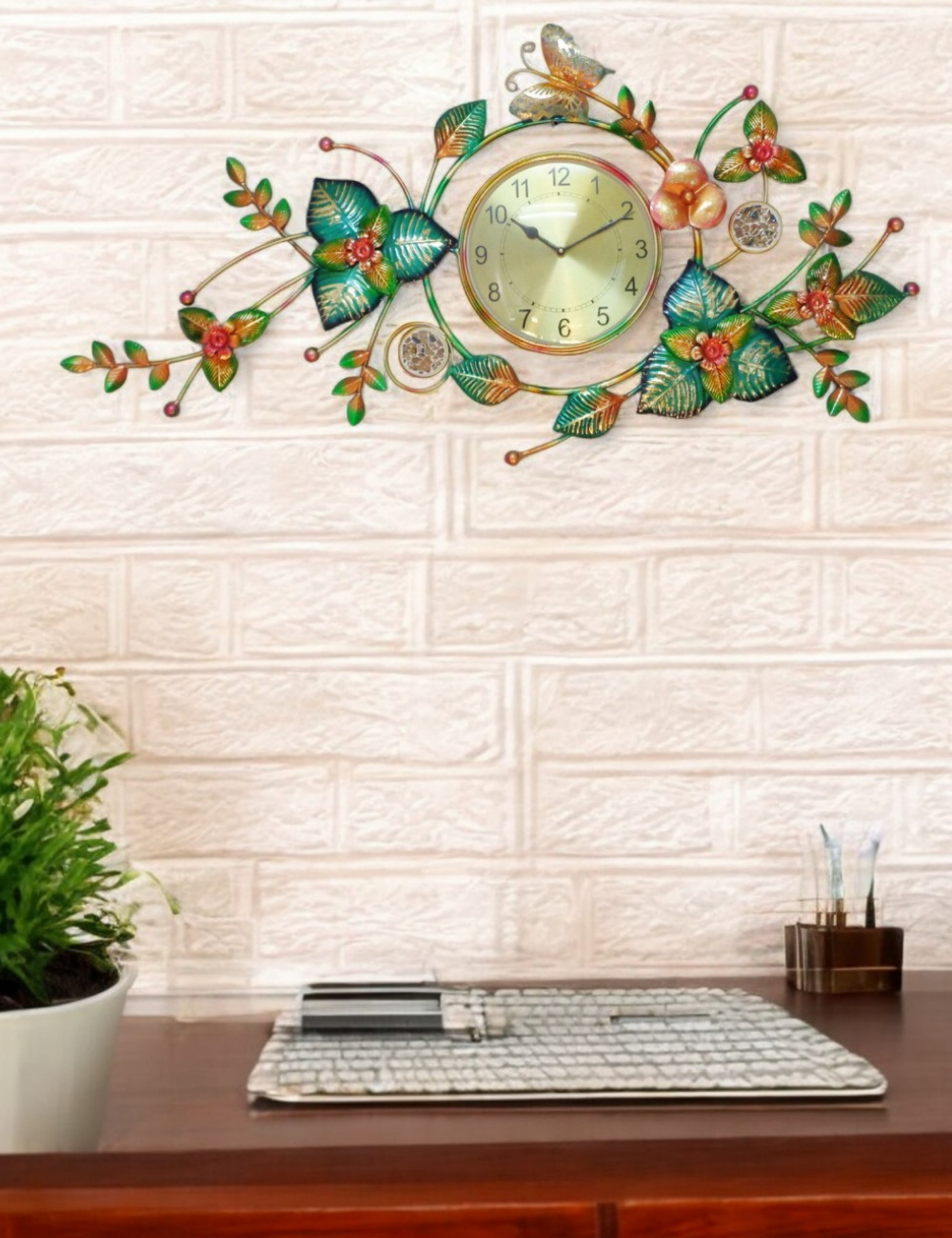 Orange Green Floral With Clock Metal Wall Decor 42*22 inches