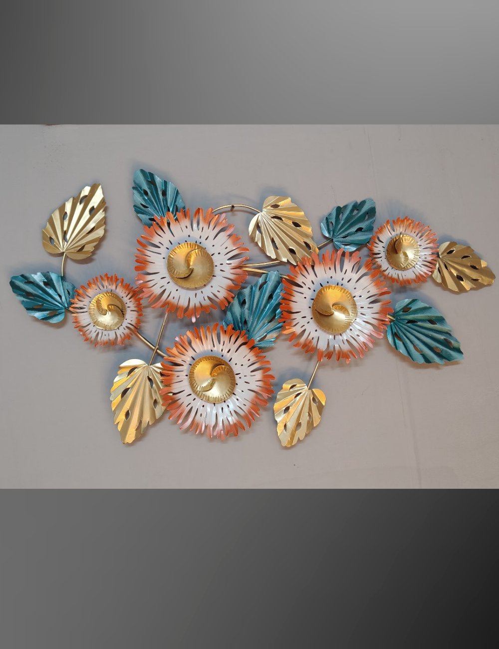 Orange white Floral With Teal and Gold Leaves LED Metal Panel Wall Decor 50*26 inches
