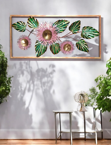 Pink Floral With Green Leaves Rectangular Metal Panel Wall Decor