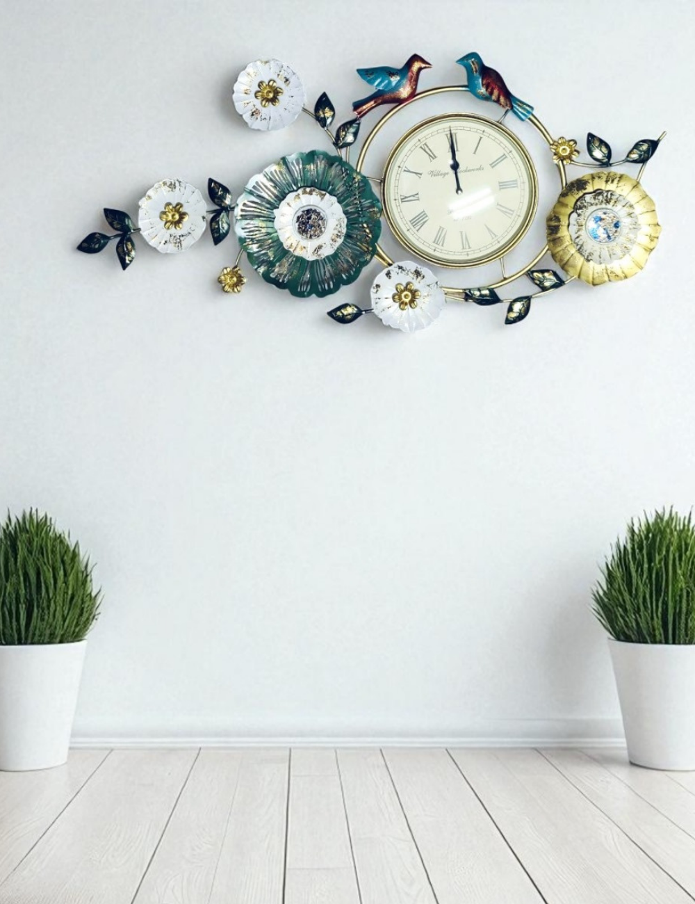Birds and Floral Clock Metal Wall Decor