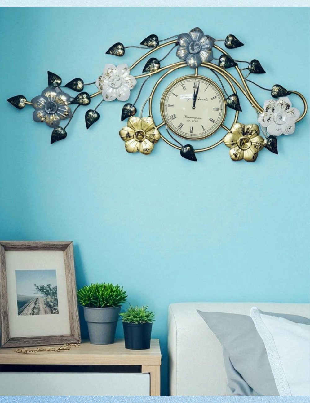 White and Blue floral Creeper with Clock Metal Wall Decor