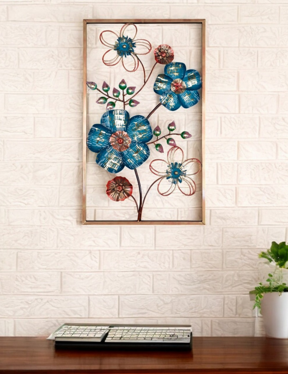 Blue and Red Floral Rectangular Panel Metal Wall Decor 22*37 inches