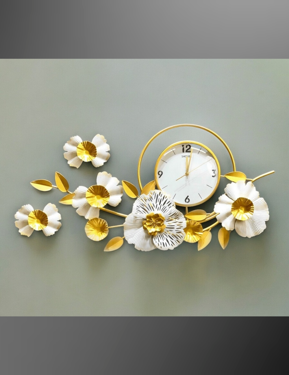 White floral with gold Leaves Clock Metal Wall Decor 42*19 inches