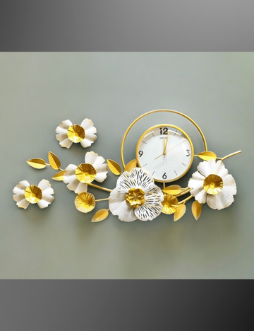 White floral with gold Leaves Clock Metal Wall Decor 42*19 inches