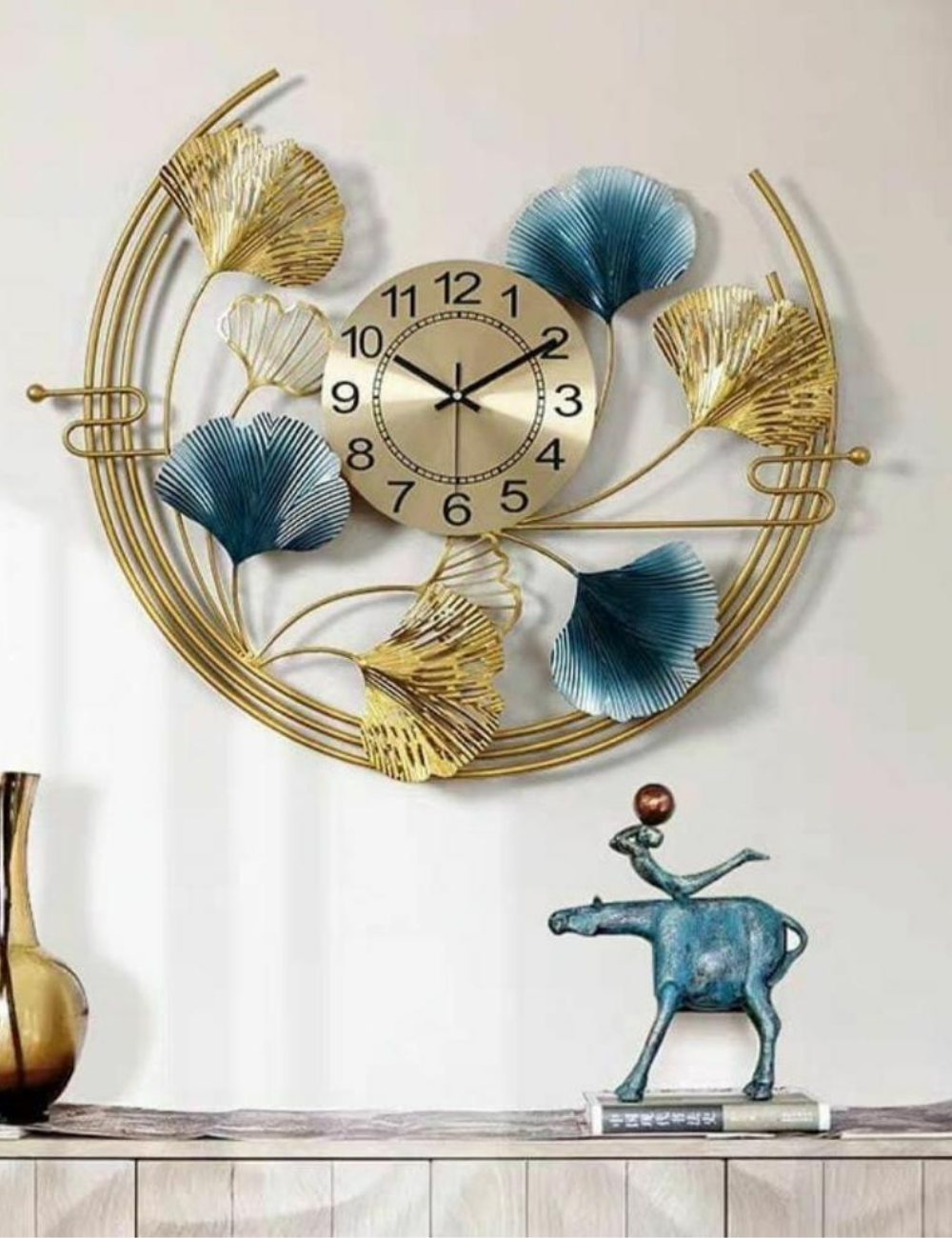 Blue and Golden Flower Round Panel with Clock Metal Wall Decor 30*30 inches