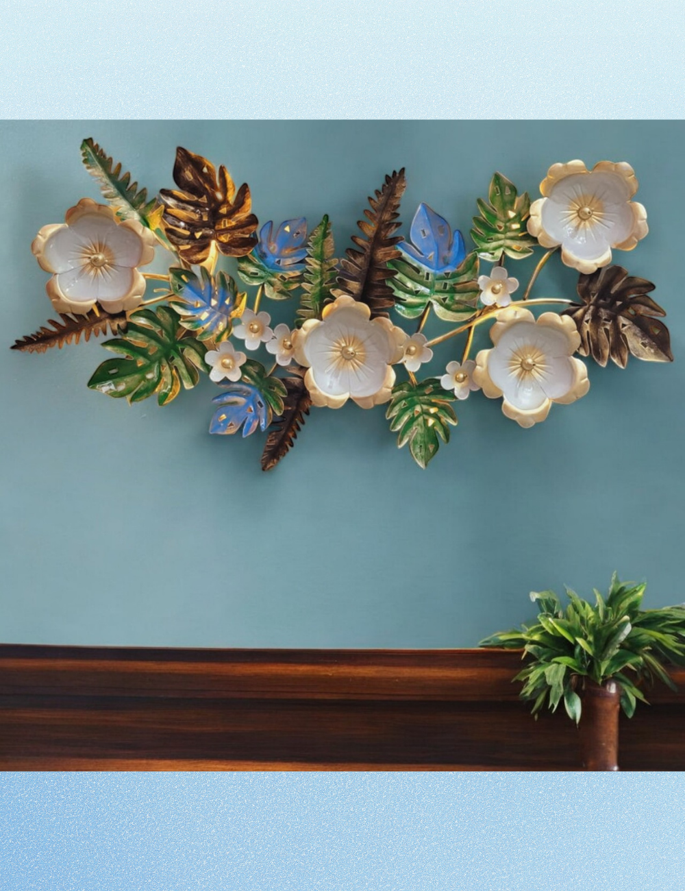 White Flower with Multicolour Leaves LED Metal Panel Wall Decor