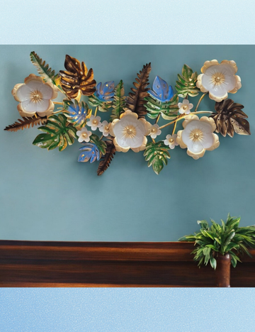 White Flower with Multicolour Leaves LED Metal Panel Wall Decor