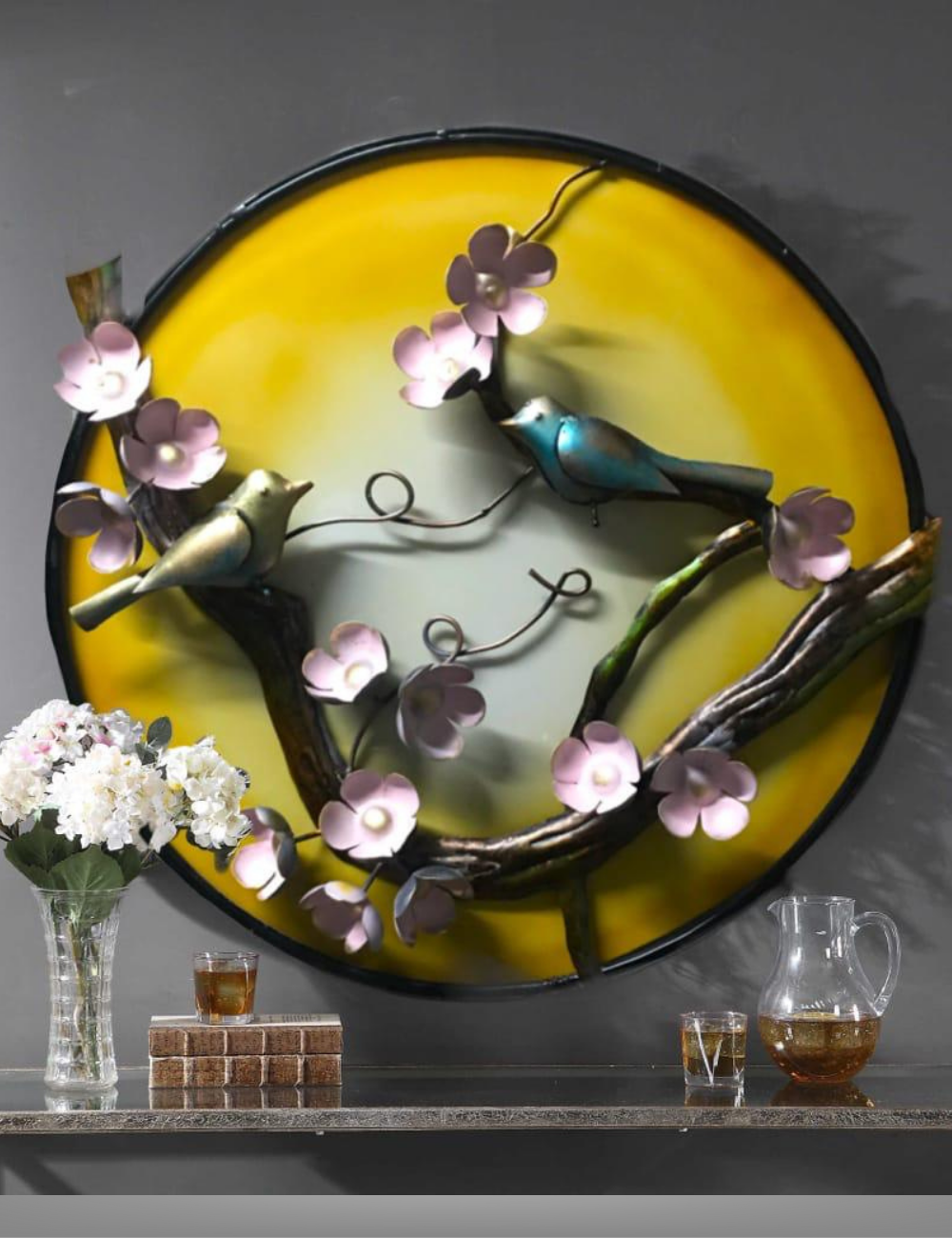 Birds in Branch Round Metal Panel Wall Decor 30 inches
