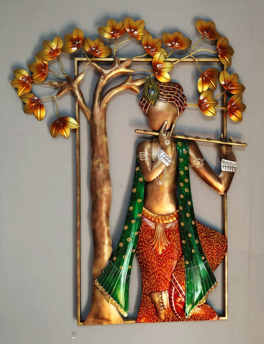 Krishna with Flute LED Antique Metal Panel Wall Decor 33*42 inches