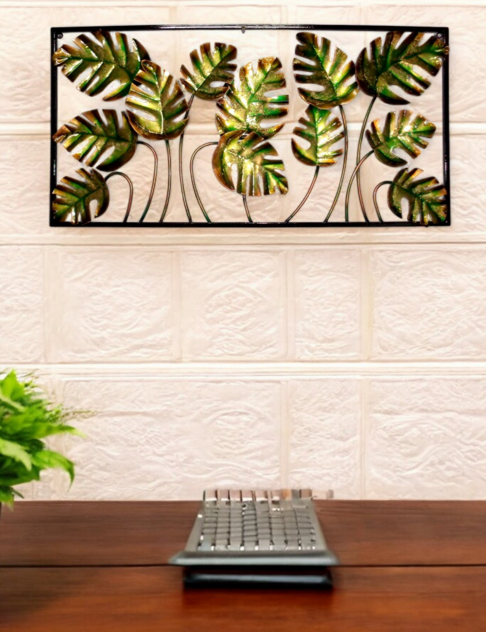 Green Leaves Rectangular Metal Panel Wall Decor 36*18 inches