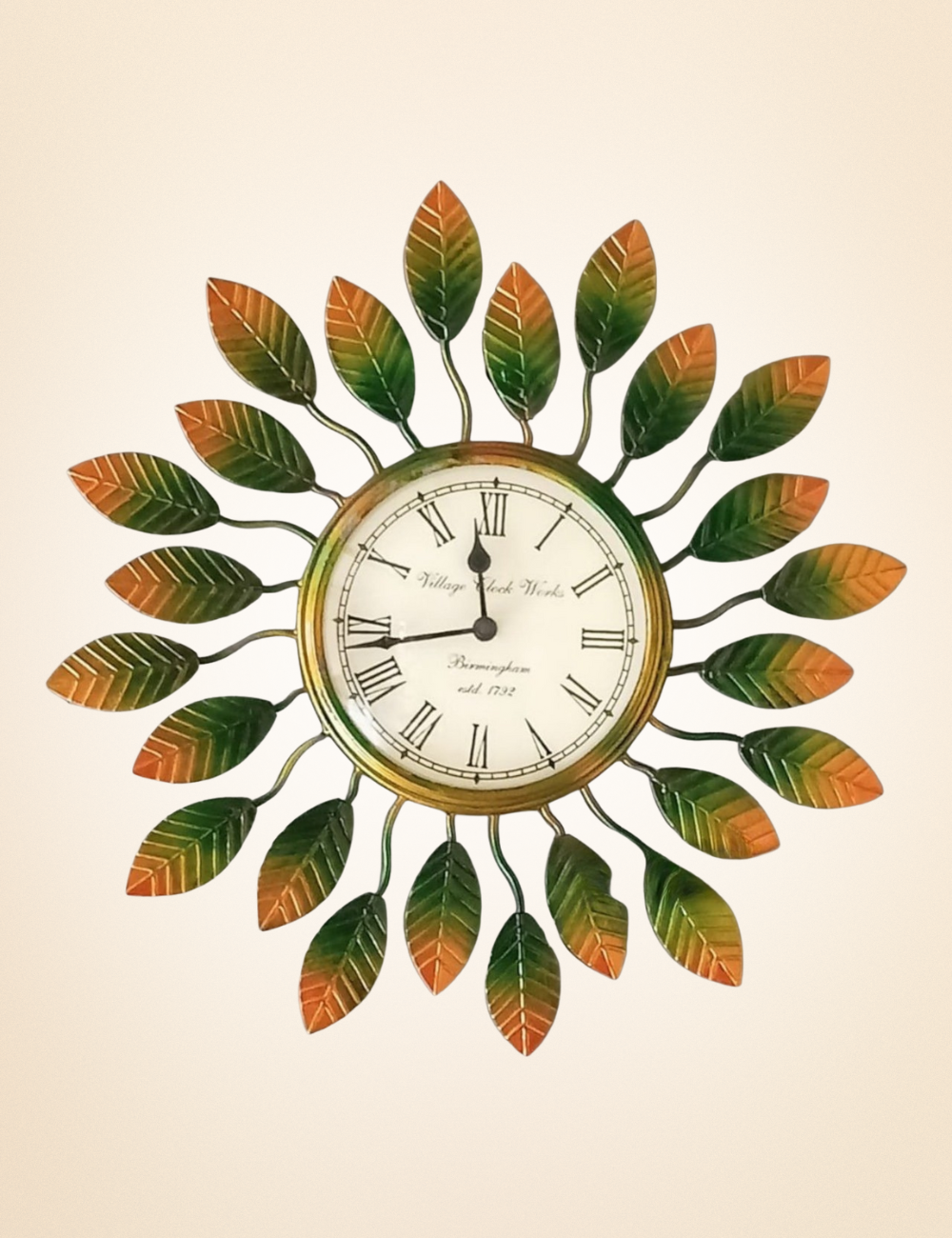 Green Leaves Clock Metal Wall Decor 16 inches