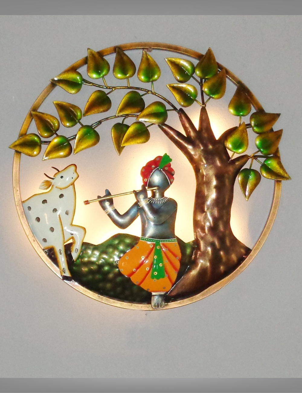Flute Krishna With Cow Under the Tree LED Circle Panel Metal Wall Decor 18*18 inches