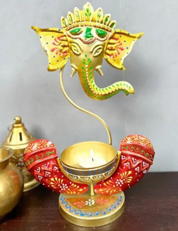 Yellow and Red Ganesha Metal T-light Holder