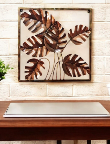 Copper Colour Monstera Leaves in Square Panel Metal Wall Decor 18*18 inches