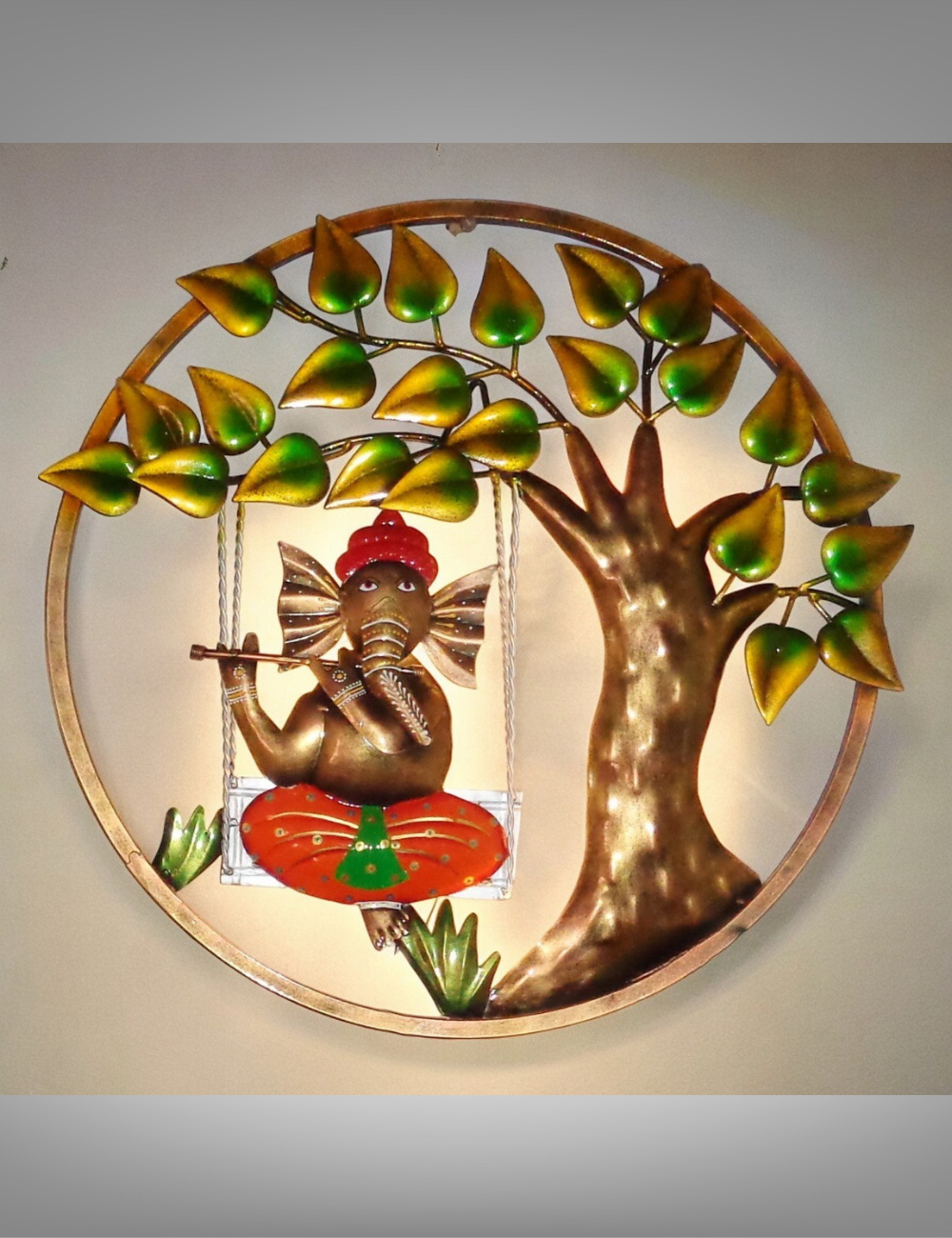 Jhula Ganesha With Flute LED Circle Panel Metal Wall Decor 20*20 inches