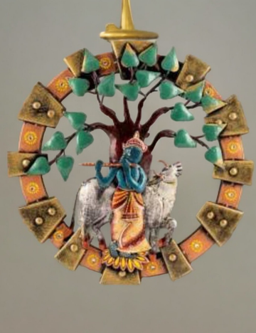 Krishna With Tree LED Circle Panel Metal Wall Decor