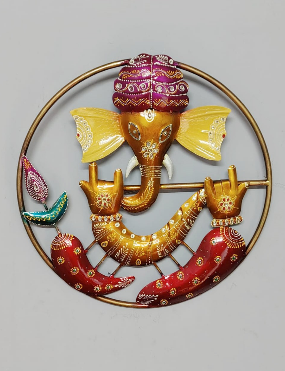 Ganesha with Flute Round LED Metal Panel Wall Decor