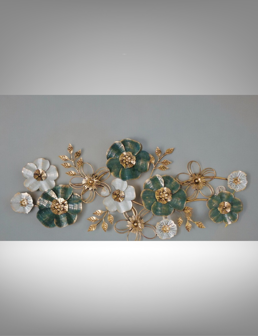 White and Green Floral with Golden Leaves LED Metal Wall Decor 52*24 inches
