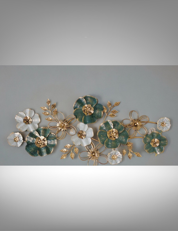 White and Green Floral with Golden Leaves LED Metal Wall Decor 52*24 inches