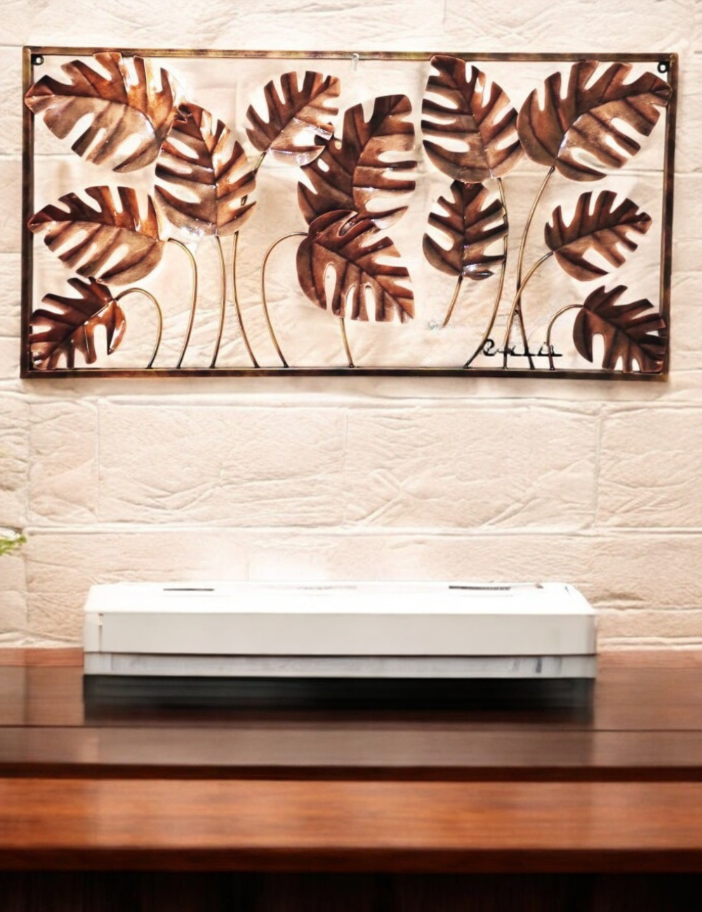 Copper Colour Monstera Leaves in Rectangular Panel Metal Wall Decor 36*18 inches