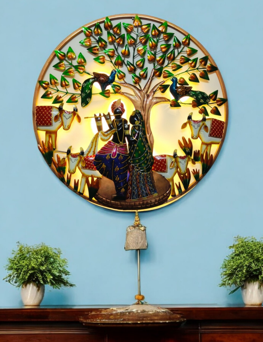 24" Radha Krishna LED Round Panel Metal Wall Decor