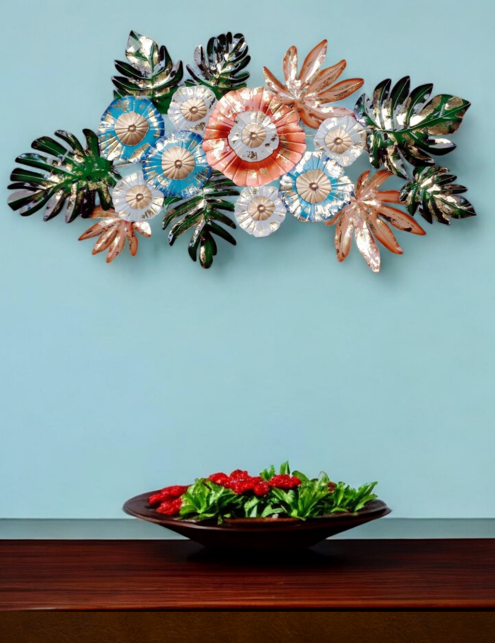 Multicolour Floral with Green Leaves LED Metal Wall Decor 48*26 inches