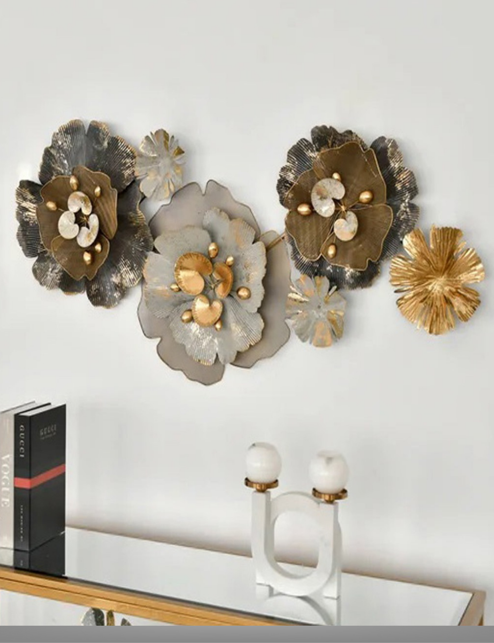 White and Gold Floral LED Metal Panel Wall Decor 50 * 24 inches