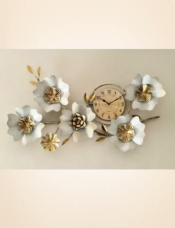 White and Golden Flowers with Clock Metal Panel Wall Decor 48 * 26 inches
