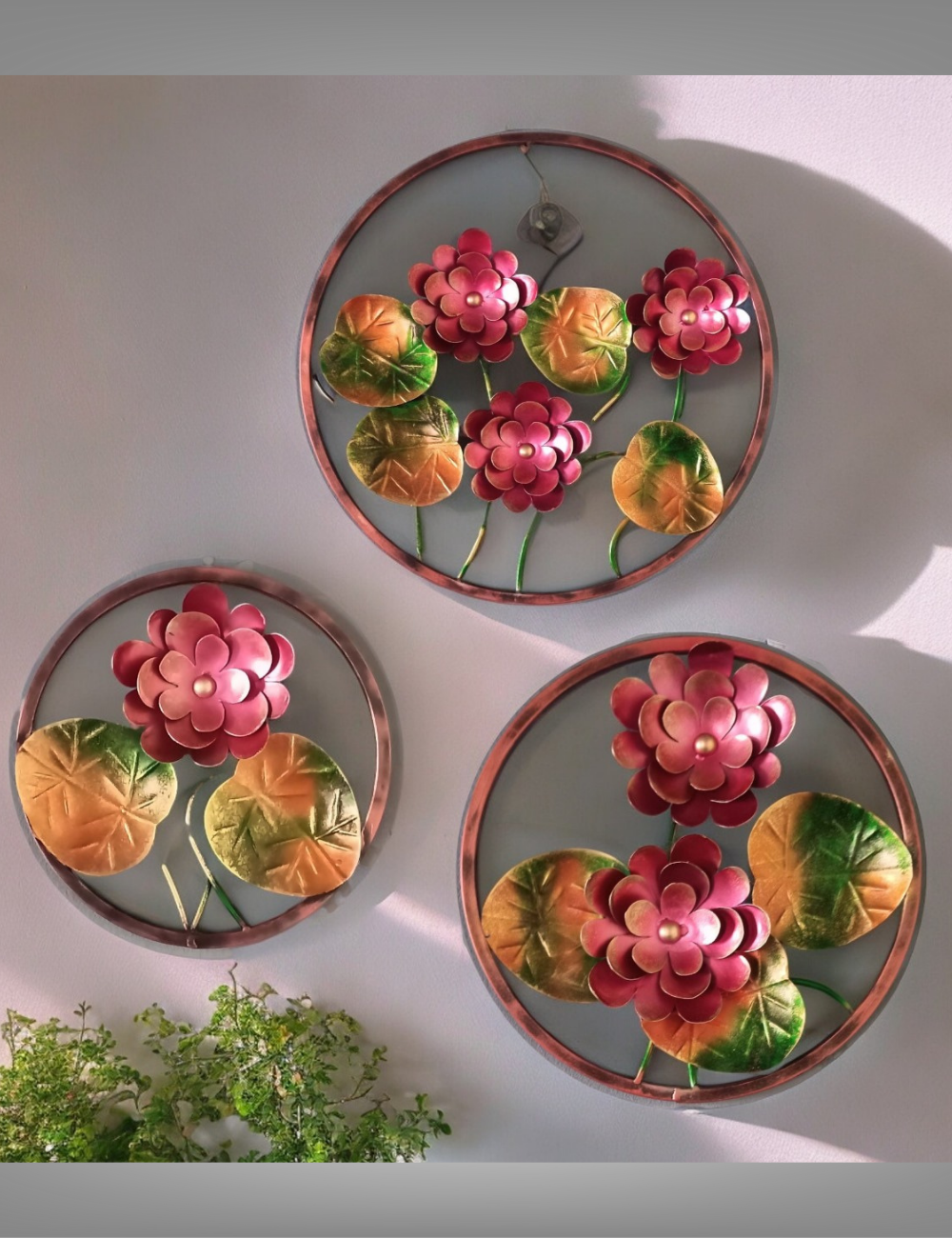 Lotus Round Panel Set of 3 Metal Wall Decor