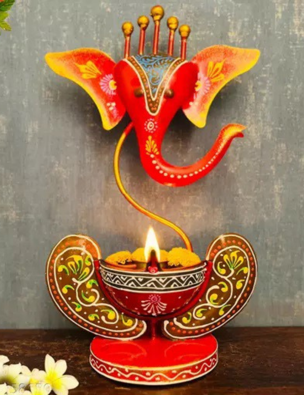 Ganesha T-light Holder 12" Red and Yellow
