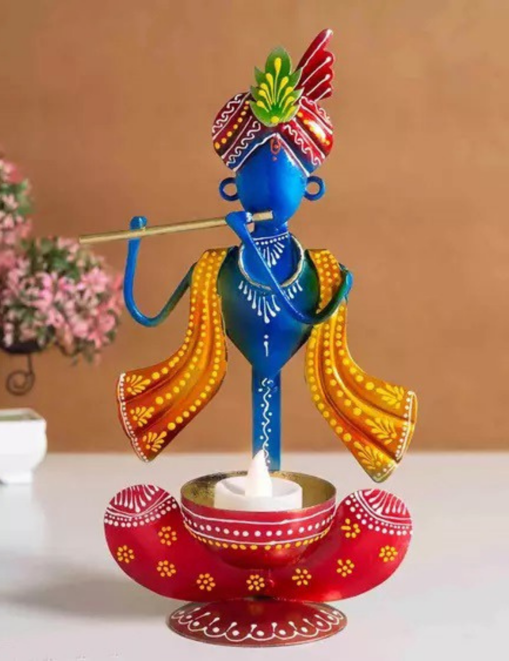 Krishna T-light Holder 12" Yellow and Red